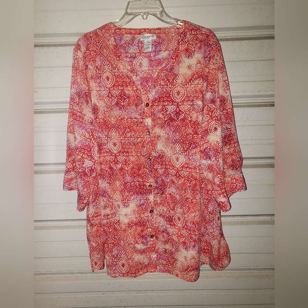 Catherines Plus Size 2x 22/24 Red Patterned Button-Up Blouse top shirt women's